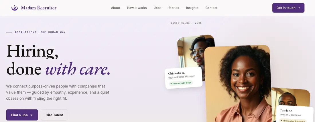 Madam Recruiter homepage: Hiring, done with care