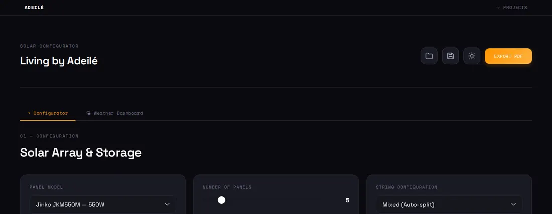 Solar Configurator: array and storage settings