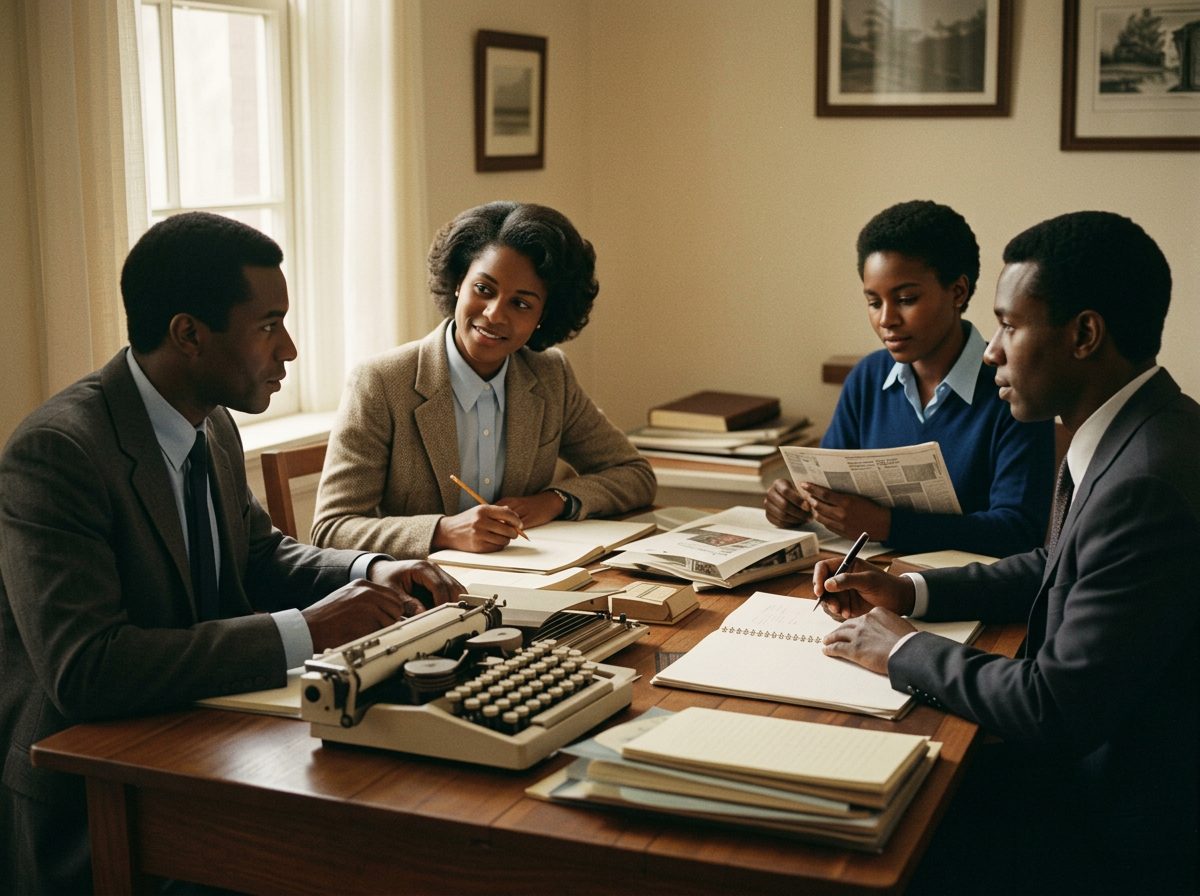 A small team in conversation around a desk